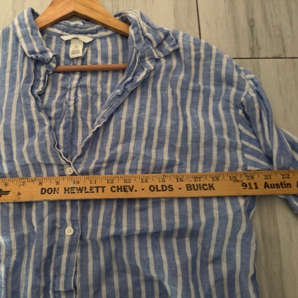 H&M Linen Top Womens L Blue & White Striped Button Front Oversized Beachy - Picture 9 of 9